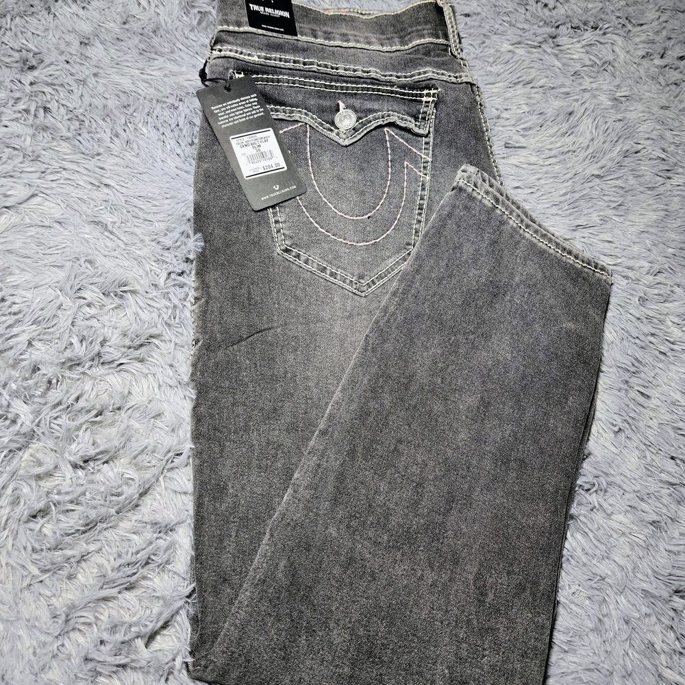 True Religion Gray Denim Jeans with White And Pink Stitching